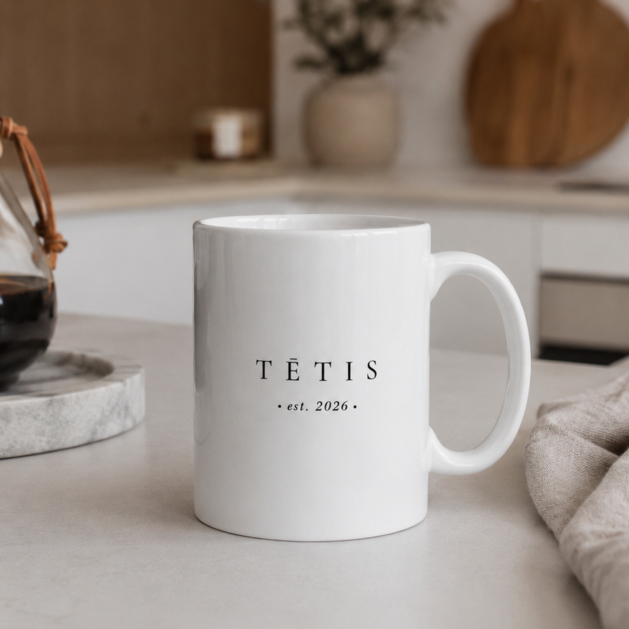 A white ceramic coffee mug with the text 'TĒTIS • est. 2026 •' printed in black, set on a kitchen counter with a French press and coffee maker in the background.