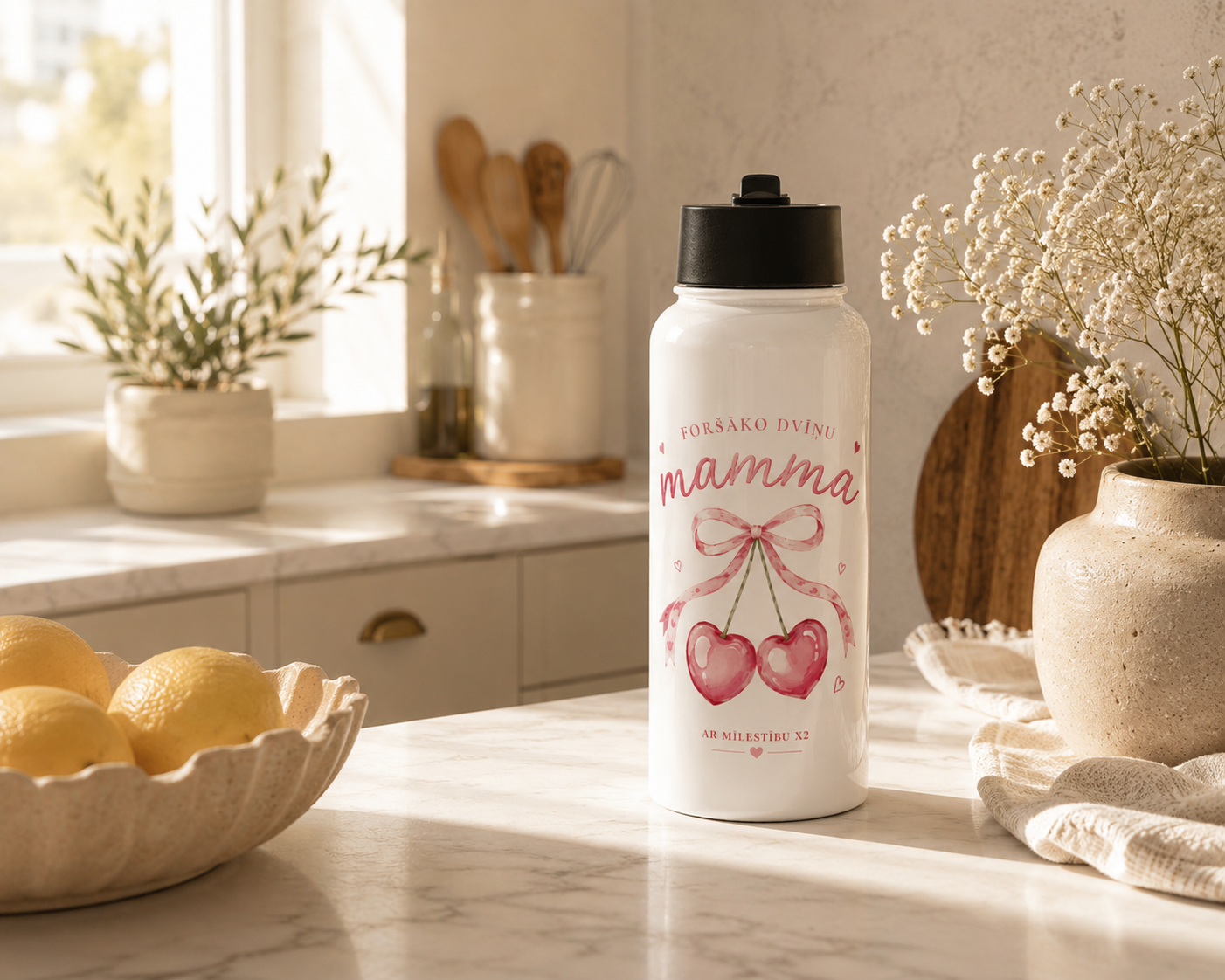 A white insulated water bottle with a black lid stands on a marble kitchen counter. The bottle is decorated with pink script text reading 'FORŠĀKO DVĪŅU MAMMA' and pink cherry graphics with a bow.